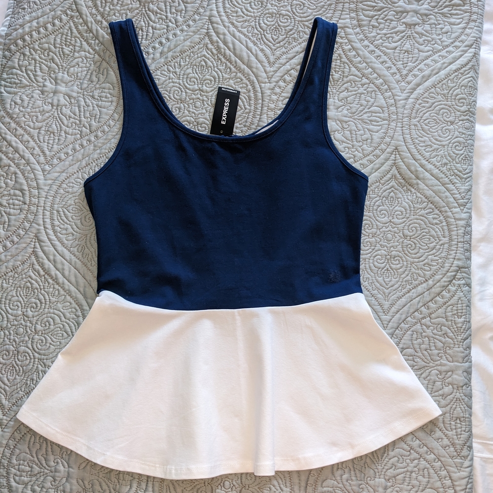 Express Navy and White Peplum Tank Top